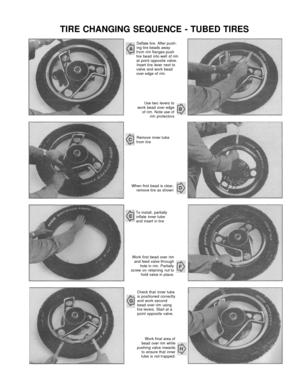 Page 272
TIRE CHANGING SEQUENCE - TUBED TIRES

Deflate tire. After push-

ing tire beads away

from rim flanges push

tire bead into well of rim

at point opposite valve.

Insert tire lever next to

valve and work bead

over edge of rim.

Use two levers to

work bead over edge

of rim. Note use of

rim protectors

Remove inner tube

from tire

When first bead is clear,

remove tire as shown

To install, partially

inflate inner tube

and insert in tire

Work first bead over rim

and feed valve through

hole in...