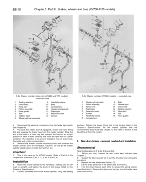 Page 283
6B-10 
Chapter 6 Part B Brakes, wheels and tires (XV700-1100 models)

5.3b Master cylinder (chain drive XV920 and TR1 models)

exploded view

1 Sealing washers 9 Handlebar clamp

2 Union bolts 10 Bolts

3 Hose joint 11 Lockwashers

4 Piston assembly 12 Master cylinder body

5 Hose guides 13 Diaphragm

6 Bolt 14 Reservoir cover

7 Rubber boot 15 Screws

8 Master cylinder assembly 
5.3c Master cylinder (XV920J models) - exploded view

1 Master cylinder body 9 Bolts

2 Piston assembly 10 Rubber boot

3...