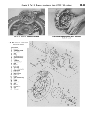 Page 284
Chapter 6 Part B Brakes, wheels and tires (XV700-1100 models) 
6B-11

6.4 Lift the rear brake panel out of the wheel 
6.5a Fold the shoes together to detach them from

the brake panel

6.5b Rear wheel and brake details

(shaft drive models)

1 Rear wheel

2 Dust seal

3 Screw and washer

4 Drive pinion

5 Bolts

6 O-ring

7 Left wheel bearing

8 Left wheel bearing

9 Washer

10 Cotter pin

11. Castellated nut

12 Axle

13 Washer

14 Brake lever

15 Pinch bolt

16 Wear indicator plate

17 Brake panel

18...