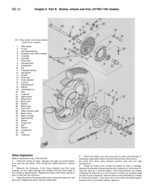 Page 285
6B-12 
Chapter 6 Part B Brakes, wheels and tires (XV700-1100 models)

6.5c Rear wheel and brake details

(shaft drive models)

1 Rear wheel

2 O-ring

3 Left wheel bearing

4 Coupling (cush drive) damper

5 Coupling

6 Sprocket

7 Drive chain

8 Sprocket stud

9 Lockwasher

10 Nut

11 Coupling bearing

12 Left spacer

13 Oil seal

14 Snap-ring

15 Chain adjuster

16 Locknut

17 Adjusting bolt

18 Washer

19 Castellated nut

20 Axle

21 Cotter pin

22 Right spacer

23 Brake panel

24 Brake cam

25...