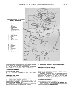 Page 328
Chapter 8 Part B Electrical system (XV700-1100 models) 
8B-7

13.4a Instrument cluster (XV750, XV920 K

and MK) - exploded view

1 Speedometer

2 Wiring harness

3 Bulb

4 Tachometer

5 Wiring harness

6 Bulb

7 Instrument top cover

8 Speedometer lower cover

9 Tachometer lower cover

10 Bracket

11 Grommet

12 Rubber damper

13 Washer

14 Nut

15 Screw

16 Mounting bracket

17 Screw

18 Lockwasher

19 Washer

20 Screw

21 Lockwasher

22 Washer

23 Nut

24 Lockwasher

25 Washer

26 Speedometer cable...