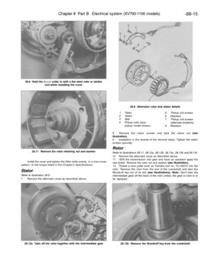 Page 336
Chapter 8 Part B Electrical system (XV700-1100 models)

-8B-15

28.6 Hold the thrust collar in with a flat steel ruler or similar

tool while installing the cover

28.11 Remove the rotor retaining nut and washer

Install the cover and tighten the Allen bolts evenly, in a criss-cross

pattern, to the torque listed in this Chapters Specifications.

Stator

Refer to illustration 28.8

7 Remove the alternator cover as described above.

28.12a Take off the rotor together with the intermediate gear 
28.8...