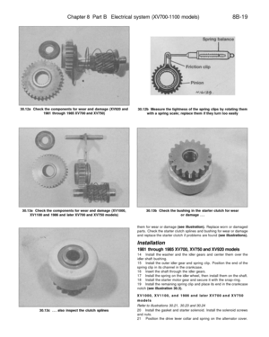 Page 340
Chapter 8 Part B Electrical system (XV700-1100 models) 
8B-19

30.12a Check the components for wear and damage (XV920 and

1981 through 1985 XV700 and XV750) 
30.12b Measure the tightness of the spring clips by rotating them

with a spring scale; replace them if they turn too easily

30.13a Check the components for wear and damage (XV1000,

XV1100 and 1986 and later XV700 and XV750 models) 
30.13b Check the bushing in the starter clutch for wear

or damage ...

30.13c ... also inspect the clutch splines...