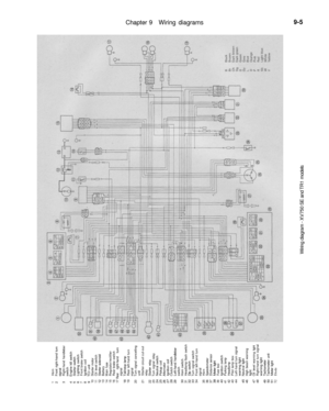 Page 346
Chapter 9 Wiring diagrams 
9-5
1 Horn
2 Front right-hand turn

signal

3 Right-hand handlebar

switch

4 Engine kill switch
5 Starter switch
6 Lighting switch
7 Front brake switch
8 Ignition coil
9 TCI unit
10 Starter motor
11 Oil level switch
12 Starter solenoid
13 Battery
14 Main fuse
15 Regulator/rectifier
16 Rear brake switch
17
 Rear
 right-hand
 turn

signal

18 Tail/stop lamp
19 Rear left-hand turn

signal

20 Turn signal cancelling

unit

21 Starter circuit cut-out

relay

22 Starter relay
23...