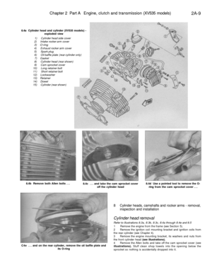 Page 64
Chapter 2 Part A Engine, clutch and transmission (XV535 models)

2A-9

8.4a Cylinder head and cylinder (XV535 models) -

exploded view

1) Cylinder head side cover

2) Intake rocker arm cover

3) O-ring

4) Exhaust rocker arm cover

5) Spark plug

6) Oil baffle plate (rear cylinder only)

7) Gasket

8) Cylinder head (rear shown)

9) Cam sprocket cover

10) Long retainer bolt

11) Short retainer bolt

12) Lockwasher

13) Retainer

14) Dowel

15) Cylinder (rear shown)

8.4b Remove both Allen bolts ......