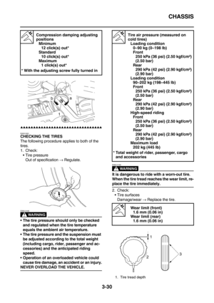 Page 115CHASSIS
3-30
        
EAS21650
CHECKING THE TIRES
The following procedure applies to both of the 
tires.
1. Check:
Tire pressure
Out of specification → Regulate.
WARNING
EWA13180
The tire pressure should only be checked 
and regulated when the tire temperature 
equals the ambient air temperature.
The tire pressure and the suspension must 
be adjusted according to the total weight 
(including cargo, rider, passenger and ac-
cessories) and the anticipated riding 
speed....