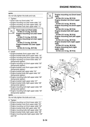 Page 213ENGINE REMOVAL
5-14
NOTE:
Do not fully tighten the bolts and nuts.
7. Tighten:
Down tube nut (front side) “14”
Engine mounting nut (rear lower side) “15”
Engine mounting nut (rear upper side) “16”
Engine bracket nuts (rear upper side) “17”
8. Install:
Engine brackets (front upper side) “18”
Engine bracket bolts (front upper side) “19”
Engine mounting bolt (front upper side) “20”
Engine mounting nut (front lower side) “21”
(temporarily tighten)
Engine mounting nut (front upper side) “22”...