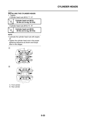 Page 232CYLINDER HEADS
5-33
EAS24250INSTALLING THE CYLINDER HEADS
1. Tighten:
Cylinder head nuts (M12) “1”–“4”
Cylinder head nuts (M10) “5”, “6”
NOTE:
Lubricate the cylinder head nuts with engine 
oil.
Tighten the cylinder head nuts in the proper 
tightening sequence as shown and torque 
them in two stages.
T R.. 
Cylinder head nut (M12)
45 Nm (4.5 m·kg, 32 ft·lb)
T R.. 
Cylinder head nut (M10)
39 Nm (3.9 m·kg, 28 ft·lb)
A. Front cylinder
B. Rear cylinder
6
4
2 13
5
B 