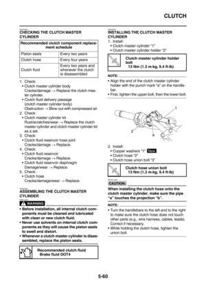 Page 259CLUTCH
5-60
EAS25290CHECKING THE CLUTCH MASTER 
CYLINDER
1. Check:
Clutch master cylinder body
Cracks/damage → Replace the clutch mas-
ter cylinder.
Clutch fluid delivery passage
(clutch master cylinder body)
Obstruction → Blow out with compressed air.
2. Check:
Clutch master cylinder kit
Rust/scratches/wear → Replace the clutch 
master cylinder and clutch master cylinder kit 
as a set.
3. Check:
Clutch fluid reservoir hose joint
Cracks/damage → Replace.
4. Check:
Clutch fluid reservoir...