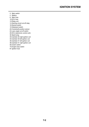 Page 317IGNITION SYSTEM
7-2
3. Main switch
4. Battery
8. Main fuse
10.ECU fuse
13.Relay unit
14.Starting circuit cut-off relay
16.Neutral switch
19.Sidestand switch
20.Crankshaft position sensor
24.Lean angle cut-off switch
29.ECU (electronic control unit)
32.Spark plug
33.Cylinder-#2 right ignition coil
34.Cylinder-#2 left ignition coil
35.Cylinder-#1 left ignition coil
36.Cylinder-#1 right ignition coil
56.Clutch switch
73.Engine stop switch
81.Ignition fuse 