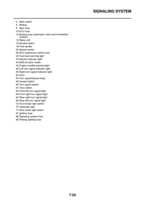 Page 335SIGNALING SYSTEM
7-20
3. Main switch
4. Battery
8. Main fuse
10.ECU fuse
12.Backup fuse (odometer, clock and immobilizer 
system)
13.Relay unit
16.Neutral switch
18.Fuel sender
25.Speed sensor
29.ECU (electronic control unit)
42.Fuel level warning light
43.Neutral indicator light
44.Multi-function meter
45.Engine trouble warning light
48.Left turn signal indicator light
49.Right turn signal indicator light
52.Horn
53.Turn signal/hazard relay
59.Hazard switch
60.Turn signal switch
61.Horn switch
62.Front...