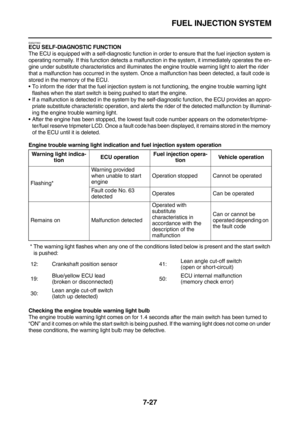Page 342FUEL INJECTION SYSTEM
7-27
EAS27350ECU SELF-DIAGNOSTIC FUNCTION
The ECU is equipped with a self-diagnostic function in order to ensure that the fuel injection system is 
operating normally. If this function detects a malfunction in the system, it immediately operates the en-
gine under substitute characteristics and illuminates the engine trouble warning light to alert the rider 
that a malfunction has occurred in the system. Once a malfunction has been detected, a fault code is 
stored in the memory of...