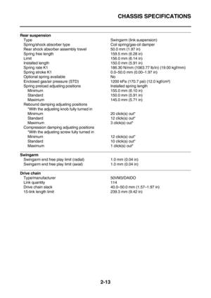 Page 39CHASSIS SPECIFICATIONS
2-13
Rear suspension
Type Swingarm (link suspension)
Spring/shock absorber type Coil spring/gas-oil damper
Rear shock absorber assembly travel 50.0 mm (1.97 in)
Spring free length 159.5 mm (6.28 in)
Limit 156.0 mm (6.14 in)
Installed length 150.0 mm (5.91 in)
Spring rate K1 186.30 N/mm (1063.77 lb/in) (19.00 kgf/mm)
Spring stroke K1 0.0–50.0 mm (0.00–1.97 in)
Optional spring available No
Enclosed gas/air pressure (STD) 1200 kPa (170.7 psi) (12.0 kgf/cm²)
Spring preload adjusting...