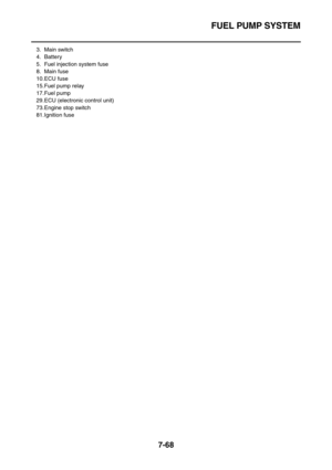 Page 383FUEL PUMP SYSTEM
7-68
3. Main switch
4. Battery
5. Fuel injection system fuse
8. Main fuse
10.ECU fuse
15.Fuel pump relay
17.Fuel pump
29.ECU (electronic control unit)
73.Engine stop switch
81.Ignition fuse 