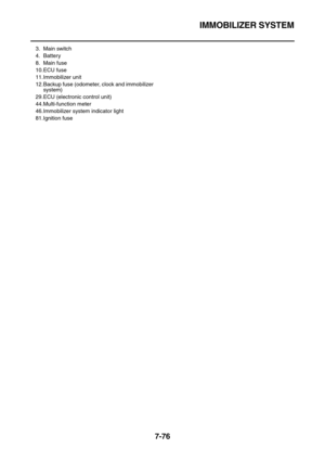 Page 391IMMOBILIZER SYSTEM
7-76
3. Main switch
4. Battery
8. Main fuse
10.ECU fuse
11.Immobilizer unit
12.Backup fuse (odometer, clock and immobilizer 
system)
29.ECU (electronic control unit)
44.Multi-function meter
46.Immobilizer system indicator light
81.Ignition fuse 