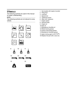 Page 5EAS20100
SYMBOLS
The following symbols are used in this manual 
for easier understanding.
NOTE:
The following symbols are not relevant to every 
vehicle.
GME
BLSM
91011
12 13 14
15 16
LTNew
T R..
123
456
78
1. Serviceable with engine mounted
2. Filling fluid
3. Lubricant
4. Special tool
5. Tightening torque
6. Wear limit, clearance
7. Engine speed
8. Electrical data
9. Engine oil
10.Gear oil
11.Molybdenum disulfide oil
12.Wheel bearing grease
13.Lithium-soap-based grease
14.Molybdenum disulfide grease...