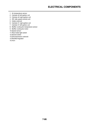 Page 401ELECTRICAL COMPONENTS
7-86
1. Air temperature sensor
2. Cylinder-#2 left ignition coil
3. Cylinder-#2 right ignition coil
4. ISC (idle speed control) unit
5. Intake solenoid
6. Cylinder-#1 right ignition coil
7. Cylinder-#1 left ignition coil
8. Muffler cooling fan temperature sensor
9. Muffler cooling fan motor
10.Speed sensor
11.Rear brake light switch
12.Neutral switch
13.Decompression solenoid
14.Rectifier/regulator
15.Horn 