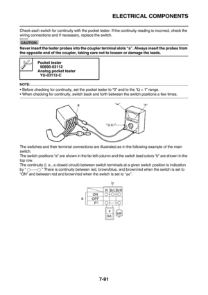 Page 406ELECTRICAL COMPONENTS
7-91
Check each switch for continuity with the pocket tester. If the continuity reading is incorrect, check the 
wiring connections and if necessary, replace the switch.
CAUTION:
ECA14370
Never insert the tester probes into the coupler terminal slots “a”. Always insert the probes from 
the opposite end of the coupler, taking care not to loosen or damage the leads.
NOTE:
Before checking for continuity, set the pocket tester to “0” and to the “Ω × 1” range.
When checking for...