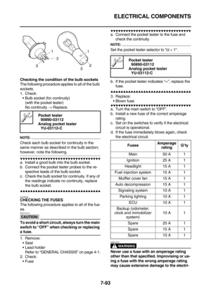 Page 408ELECTRICAL COMPONENTS
7-93
Checking the condition of the bulb sockets
The following procedure applies to all of the bulb 
sockets.
1. Check:
Bulb socket (for continuity)
(with the pocket tester)
No continuity → Replace.
NOTE:
Check each bulb socket for continuity in the 
same manner as described in the bulb section; 
however, note the following.
        
a. Install a good bulb into the bulb socket.
b. Connect the pocket tester probes to the re-
spective leads of the bulb...