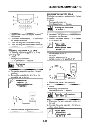 Page 414ELECTRICAL COMPONENTS
7-99
        
a. Disconnect the relay unit coupler from the 
wire harness.
b. Connect the pocket tester (Ω × 1) to the relay 
unit terminal as shown.
c. Check the relay unit (diode) for continuity.
d. Check the relay unit (diode) for no continuity.
        
EAS28070
CHECKING THE SPARK PLUG CAPS
The following procedure applies to all of the 
spark plug caps.
1. Check:
Spark plug cap resistance
Out of specification →...