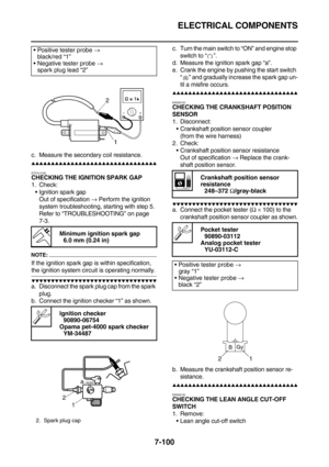 Page 415ELECTRICAL COMPONENTS
7-100
c. Measure the secondary coil resistance.
        
ET5YU1032
CHECKING THE IGNITION SPARK GAP
1. Check:
Ignition spark gap
Out of specification → Perform the ignition 
system troubleshooting, starting with step 5.
Refer to “TROUBLESHOOTING” on page 
7-3.
NOTE:
If the ignition spark gap is within specification, 
the ignition system circuit is operating normally.
        
a. Disconnect the spark plug cap from the...