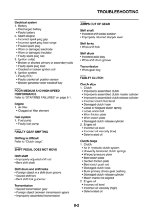 Page 428TROUBLESHOOTING
8-2
Electrical system
1. Battery
Discharged battery
Faulty battery
2. Spark plug(s)
Incorrect spark plug gap
Incorrect spark plug heat range
Fouled spark plug
Worn or damaged electrode
Worn or damaged insulator
Faulty spark plug cap
3. Ignition coil(s)
Broken or shorted primary or secondary coils
Faulty spark plug lead
Cracked or broken ignition coil
4. Ignition system
Faulty ECU
Faulty crankshaft position sensor
Broken generator rotor woodruff key
EAS28510POOR MEDIUM AND...