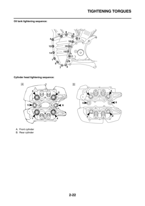 Page 48TIGHTENING TORQUES
2-22
Oil tank tightening sequence:
Cylinder head tightening sequence:
1
5
732
68
4
10
16
15
13
11
14
12
9
A. Front cylinder
B. Rear cylinder 