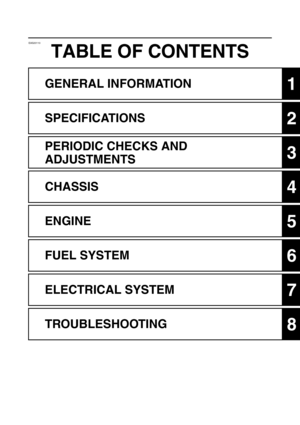 Page 6EAS20110
TABLE OF CONTENTS
GENERAL INFORMATION1
SPECIFICATIONS2
PERIODIC CHECKS AND 
ADJUSTMENTS
3
CHASSIS4
ENGINE5
FUEL SYSTEM6
ELECTRICAL SYSTEM7
TROUBLESHOOTING8 
