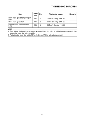 Page 53TIGHTENING TORQUES
2-27
NOTE:
1. First, tighten the lower ring nut to approximately 52 Nm (5.2 m·kg, 37 ft·lb) with a torque wrench, then 
loosen the lower ring nut completely.
2. Retighten the lower ring nut to 23 Nm (2.3 m·kg, 17 ft·lb) with a torque wrench. Drive chain guard bolt (swingarm 
side)M6 2 7 Nm (0.7 m·kg, 5.1 ft·lb)
Drive chain guide bolt M6 2 7 Nm (0.7 m·kg, 5.1 ft·lb)
Locknut (drive chain adjusting 
bolt)M8 2 16 Nm (1.6 m·kg, 11 ft·lb) ItemThread 
sizeQ’ty Tightening torque Remarks 