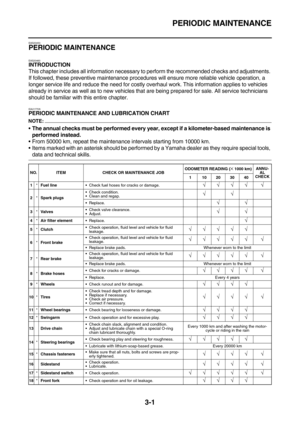 Page 86PERIODIC MAINTENANCE
3-1
EAS20450
PERIODIC MAINTENANCE
EAS20460
INTRODUCTION
This chapter includes all information necessary to perform the recommended checks and adjustments. 
If followed, these preventive maintenance procedures will ensure more reliable vehicle operation, a 
longer service life and reduce the need for costly overhaul work. This information applies to vehicles 
already in service as well as to new vehicles that are being prepared for sale. All service technicians 
should be familiar...