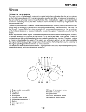 Page 11 
FEATURES 
1-2 
EAS20170 
FEATURES 
EAS32D1017 
OUTLINE OF THE FI SYSTEM 
The main function of a fuel supply system is to provide fuel to the combustion chamber at the optimum
air-fuel ratio in accordance with the engine operating conditions and the atmospheric temperature. In
the conventional carburetor system, the air-fuel ratio of the mixture that is supplied to the combustion
chamber is created by the volume of the intake air and the fuel that is metered by the jet used in the
respective...