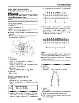 Page 170 
CHAIN DRIVE 
4-60 
EAS23420 
REMOVING THE DRIVE CHAIN 
1. Stand the vehicle on a level surface.
WARNING
 
EWA13120  
Securely support the vehicle so that there is 
no danger of it falling over.
NOTE:
 
Place the vehicle on a suitable stand so that the 
rear wheel is elevated.
2. Remove: 
 
Drive sprocket nut “1”
NOTE:
 
 
Return the bent tab of the locknut. 
 
Operate the rear brake, and loosen the drive
sprocket. 
 
After loosening the drive sprocket, remove the 
rear wheel and swingarm.
3....