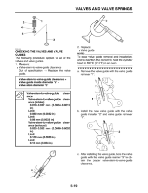 Page 193 
VALVES AND VALVE SPRINGS 
5-19 
EAS24290 
CHECKING THE VALVES AND VALVE 
GUIDES 
The following procedure applies to all of the
valves and valve guides.
1. Measure: 
 
Valve-stem-to-valve-guide clearance
Out of specification  
→ 
 Replace the valve
guide.2. Replace: 
 
Valve guide
NOTE:
 
To ease valve guide removal and installation,
and to maintain the correct fit, heat the cylinder 
head to 100  
°  
C (212  
°  
F) in an oven.

 
a. Remove the valve guide with the...