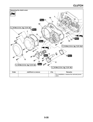 Page 209 
CLUTCH 
5-35 
For installation, reverse the removal proce-
dure.  
Removing the clutch cover
Order Job/Parts to remove Q’ty Remarks
1
23
45
678
91011
1213 14
14
T R..10 Nm (1.0 m • kg, 7.2 ft • Ib) 
T R..10 Nm (1.0 m • kg, 7.2 ft • Ib) 
T R..10 Nm (1.0 m • kg, 7.2 ft • Ib) 
T R..10 Nm (1.0 m • kg, 7.2 ft • Ib)  