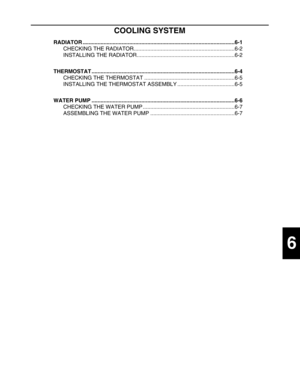 Page 245 
1
2
3
4
5
6
7
8
9
 
COOLING SYSTEM 
RADIATOR .....................................................................................................6-1  
CHECKING THE RADIATOR...................................................................6-2
INSTALLING THE RADIATOR.................................................................6-2  
THERMOSTAT ...............................................................................................6-4  
CHECKING THE THERMOSTAT...