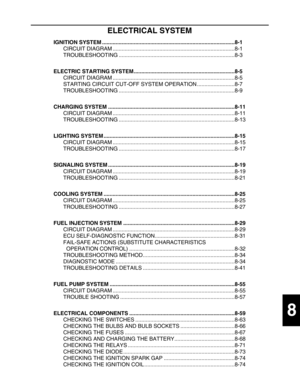 Page 269 
1
2
3
4
5
6
7
8
9
 
ELECTRICAL SYSTEM 
IGNITION SYSTEM ........................................................................................8-1  
CIRCUIT DIAGRAM .................................................................................8-1
TROUBLESHOOTING .............................................................................8-3  
ELECTRIC STARTING SYSTEM...................................................................8-5  
CIRCUIT DIAGRAM...