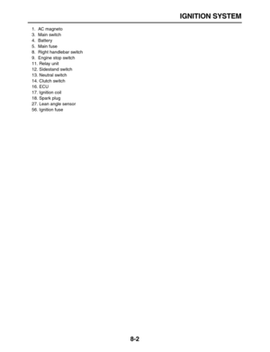 Page 273 
IGNITION SYSTEM 
8-2 
1. AC magneto
3. Main switch
4. Battery
5. Main fuse
8.  Right handlebar switch
9.  Engine stop switch
11. Relay unit
12. Sidestand switch
13. Neutral switch
14. Clutch switch
16. ECU
17. Ignition coil
18. Spark plug
27.  Lean angle sensor
56. Ignition fuse 