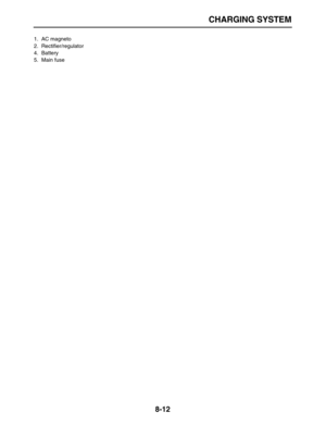 Page 283 
CHARGING SYSTEM 
8-12 
1. AC magneto
2. Rectifier/regulator
4. Battery
5. Main fuse 