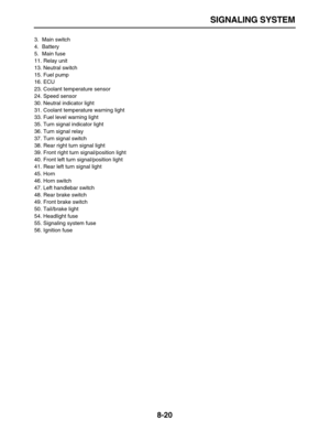 Page 291 
SIGNALING SYSTEM 
8-20 
3. Main switch
4. Battery
5. Main fuse
11. Relay unit
13. Neutral switch
15. Fuel pump
16. ECU
23. Coolant temperature sensor
24. Speed sensor
30. Neutral indicator light
31. Coolant temperature warning light
33. Fuel level warning light
35. Turn signal indicator light
36. Turn signal relay
37. Turn signal switch
38. Rear right turn signal light
39. Front right turn signal/position light
40. Front left turn signal/position light
41. Rear left turn signal light
45. Horn
46. Horn...