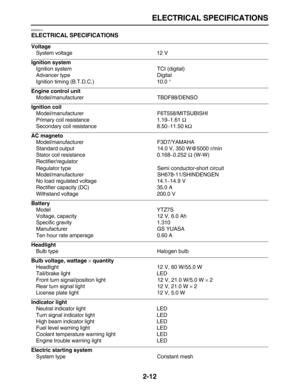 Page 37 
ELECTRICAL SPECIFICATIONS 
2-12 
EAS20310 
ELECTRICAL SPECIFICATIONS 
Voltage 
System voltage 12 V 
Ignition system 
Ignition system TCI (digital)
Advancer type Digital
Ignition timing (B.T.D.C.) 10.0  
° 
Engine control unit 
Model/manufacturer TBDF88/DENSO 
Ignition coil 
Model/manufacturer F6T558/MITSUBISHI
Primary coil resistance 1.19 
–  
1.61   
Ω  
Secondary coil resistance 8.50 
–  
11.50 k  
Ω 
AC magneto 
Model/manufacturer F3D7/YAMAHA
Standard output 14.0 V, 350 W@5000 r/min
Stator coil...