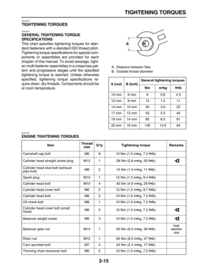 Page 40 
TIGHTENING TORQUES 
2-15 
EAS20320 
TIGHTENING TORQUES 
EAS20330 
GENERAL TIGHTENING TORQUE 
SPECIFICATIONS 
This chart specifies tightening torques for stan-
dard fasteners with a standard ISO thread pitch.
Tightening torque specifications for special com-
ponents or assemblies are provided for each
chapter of this manual. To avoid warpage, tight-
en multi-fastener assemblies in a crisscross pat-
tern and progressive stages until the specified
tightening torque is reached. Unless otherwise
specified,...