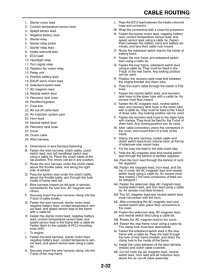 Page 57 
CABLE ROUTING 
2-32 
1.  Starter motor lead
2.  Coolant temperature sensor lead
3.  Speed sensor lead
4.  Negative battery lead
5. Starter relay
6.  Starter relay probe
7.  Starter relay lead
8.  Intake solenoid lead
9. ECU lead
10. Headlight relay
11.  Turn signal relay
12.  Radiator fan motor relay
13. Relay unit
14.  Positive battery lead
15.  EXUP servo motor lead
16.  Sidestand switch lead
17.  AC magneto lead
18.  Neutral switch lead
19.  Recovery tank hose
20. Rectiﬁer/regulator
21. Fuse box
22....