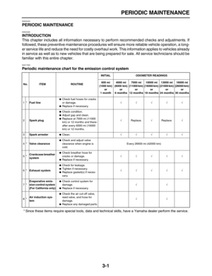 Page 73 
PERIODIC MAINTENANCE 
3-1 
EAS20450 
PERIODIC MAINTENANCE 
EAS20460 
INTRODUCTION 
This chapter includes all information necessary to perform recommended checks and adjustments. If
followed, these preventive maintenance procedures will ensure more reliable vehicle operation, a long-
er service life and reduce the need for costly overhaul work. This information applies to vehicles already
in service as well as to new vehicles that are being prepared for sale. All service technicians should be
familiar...