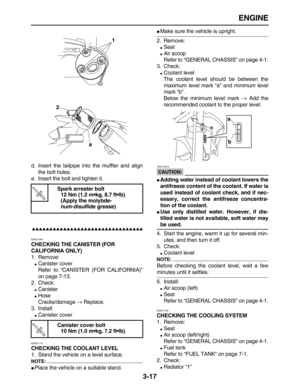 Page 89 
ENGINE 
3-17 
d. Insert the tailpipe into the muffler and align
the bolt holes.
e. Insert the bolt and tighten it.

 
EAS21090 
CHECKING THE CANISTER (FOR 
CALIFORNIA ONLY) 
1. Remove: 
 
Canister cover
Refer to “CANISTER (FOR CALIFORNIA)”
on page 7-13.
2. Check: 
 
Canister 
 
Hose
Cracks/damage  
→ 
 Replace.
3. Install: 
 
Canister cover 
EAS21110 
CHECKING THE COOLANT LEVEL 
1. Stand the vehicle on a level surface.
NOTE:
 
 
Place the vehicle on a suitable...