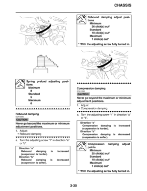 Page 113CHASSIS
3-30
▲▲▲▲▲▲▲▲▲▲▲▲▲▲▲▲▲▲▲▲▲▲▲▲▲▲▲▲▲▲
Rebound damping
CAUTION:
ECA13590
Never go beyond the maximum or minimum 
adjustment positions.
1. Adjust:
 Rebound damping
▼▼▼▼▼▼▼▼▼▼▼▼▼▼▼▼▼▼▼▼▼▼▼▼▼▼▼▼▼▼
a. Turn the adjusting screw “1” in direction “a” 
or “b”.
▲▲▲▲▲▲▲▲▲▲▲▲▲▲▲▲▲▲▲▲▲▲▲▲▲▲▲▲▲▲
Compression damping
CAUTION:
ECA13590
Never go beyond the maximum or minimum 
adjustment positions.
1. Adjust:
 Compression damping
▼▼▼▼▼▼▼▼▼▼▼▼▼▼▼▼▼▼▼▼▼▼▼▼▼▼▼▼▼▼
a. Turn the adjusting screw “1” in direction “a” 
or...