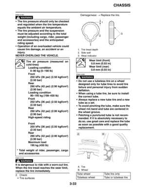 Page 116CHASSIS
3-33
WARNING
EWA13180
 The tire pressure should only be checked 
and regulated when the tire temperature 
equals the ambient air temperature.
 The tire pressure and the suspension 
must be adjusted according to the total 
weight (including cargo, rider, passenger 
and accessories) and the anticipated 
riding speed.
 Operation of an overloaded vehicle could 
cause tire damage, an accident or an 
injury.
NEVER OVERLOAD THE VEHICLE.
WARNING
EWA13190
It is dangerous to ride with a worn-out tire....