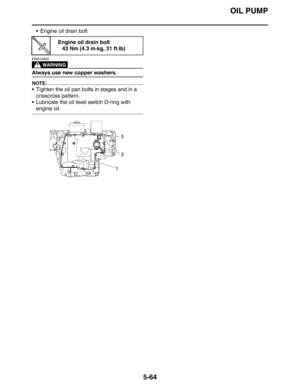 Page 264OIL PUMP
5-64
 Engine oil drain bolt
WARNING
EWA12820
Always use new copper washers.
NOTE:
 Tighten the oil pan bolts in stages and in a 
crisscross pattern.
 Lubricate the oil level switch O-ring with 
engine oil.
Engine oil drain bolt
43 Nm (4.3 m·kg, 31 ft·lb) 