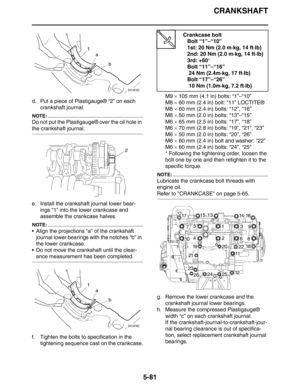 Page 281CRANKSHAFT
5-81
d. Put a piece of Plastigauge® “2” on each 
crankshaft journal.
NOTE:
Do not put the Plastigauge® over the oil hole in 
the crankshaft journal.
e. Install the crankshaft journal lower bear-
ings “1” into the lower crankcase and 
assemble the crankcase halves.
NOTE:
 Align the projections “a” of the crankshaft 
journal lower bearings with the notches “b” in 
the lower crankcase.
 Do not move the crankshaft until the clear-
ance measurement has been completed.
f. Tighten the bolts to...