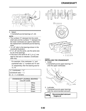 Page 282CRANKSHAFT
5-82
▲▲▲▲▲▲▲▲▲▲▲▲▲▲▲▲▲▲▲▲▲▲▲▲▲▲▲▲▲▲
2. Select:
 Crankshaft journal bearings (J1–J5)
NOTE:
 The numbers “A” stamped into the crank-
shaft web and the numbers “1” stamped into 
the lower crankcase are used to determine 
the replacement crankshaft journal bearing 
sizes.
 “J1–J5” refer to the bearings shown in the 
crankshaft illustration.
 If “J1–J5” are the same, use the same size 
for all of the bearings.
 If the size is the same for all “J
1 to J5” one 
digit for that size is indicated....