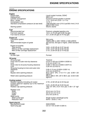 Page 30ENGINE SPECIFICATIONS
2-2
EAS20290
ENGINE SPECIFICATIONS
Engine
Engine type Liquid cooled 4-stroke, DOHC
Displacement 998.0 cm³
Cylinder arrangement Forward-inclined parallel 4-cylinder
Bore × stroke 77.0 × 53.6 mm (3.03 × 2.11 in)
Compression ratio 12.70 :1
Standard compression pressure (at sea level) 1480 kPa/350 r/min (210.5 psi/350 r/min) (14.8
kgf/cm²/350 r/min)
Starting system Electric starter
 
Fuel
Recommended fuel Premium unleaded gasoline only
Fuel tank capacity 18.0 L (4.76 US gal) (3.96...